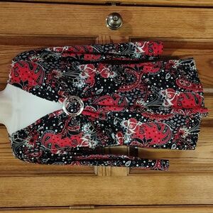 Carole Little Red, Black, White & Gray Paisley V-Neck Top Large
